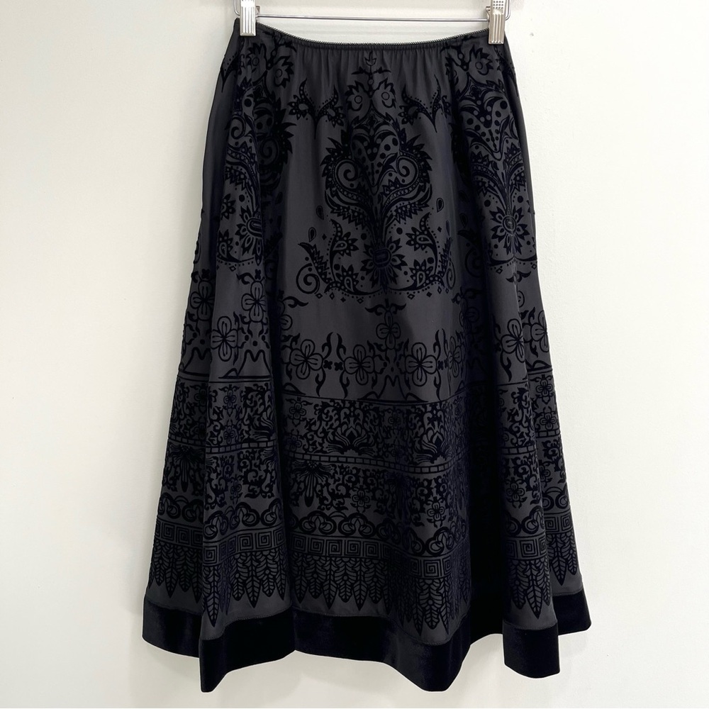Y2K Vintage MSK Full Velvet Flocked Swing Skirt Black Floral Geometric Patterns